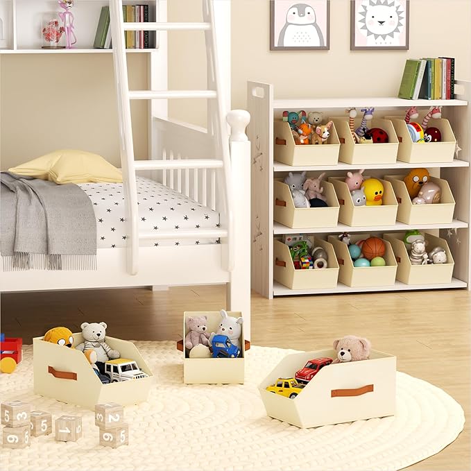 Large Closet Storage Cubes - Closet Storage Bins with Dual Handles for Clothes, Towels, Toys, Shelf Organizer Bins for Bedroom, Nursery, Shelves, Small Spaces, Beige, 4 Pack