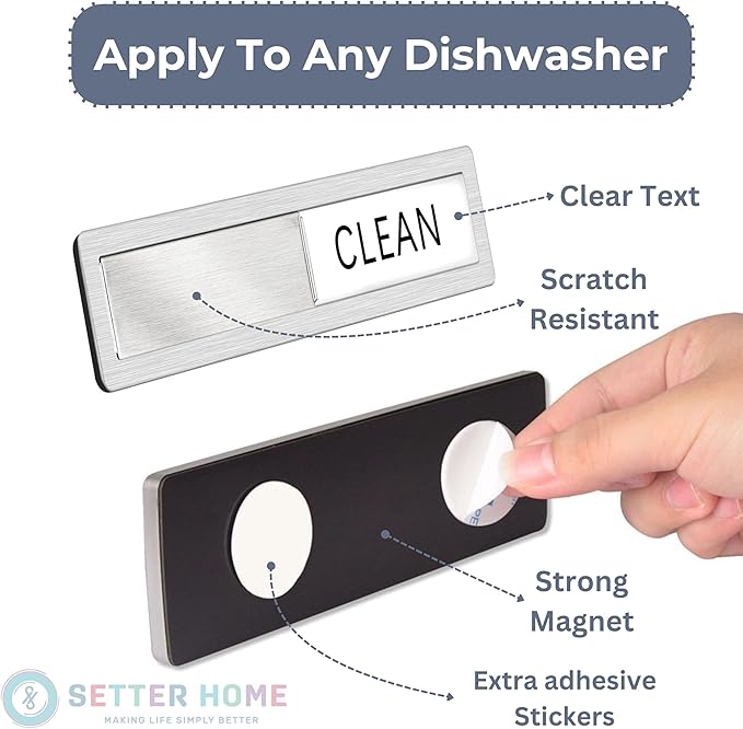 Clean dirty magnet for dishwasher, Premium Clean Dirty Sign Indicator - Stainless Steel Grade 304 Clean Dirty Magnet for Dishwasher, Grey & White Minimalistic Style, Easy to Read with Extra Adhesive Tape - Kitchen Organizer