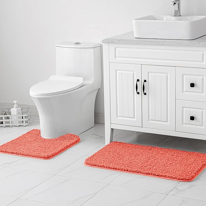 MIULEE Microfiber Toilet Bath Mat U-Shaped Contour Shaggy Bathroom Rugs Non Slip Extra Thick Soft Bath Rug Absorbent Water for Bathroom Commode Machine Washable(20x24 Inch, Living Coral)