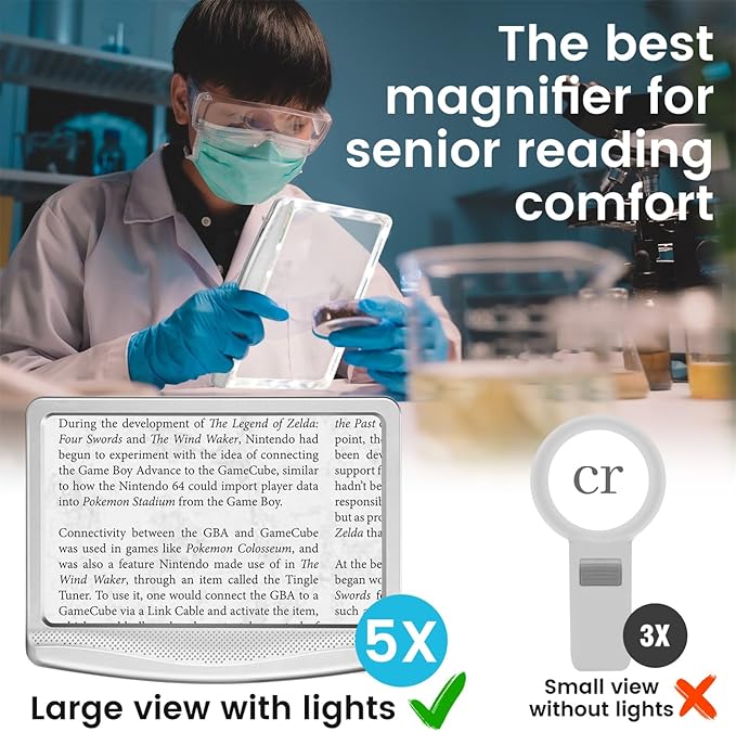 Rechargeable 5X Magnifying Glass for Reading, Large Bright Full Page Magnifier with Light, Handheld LED Dimmable Lighted, Lightweight Book Magnifier for Reading Small Prints Seniors - Silver