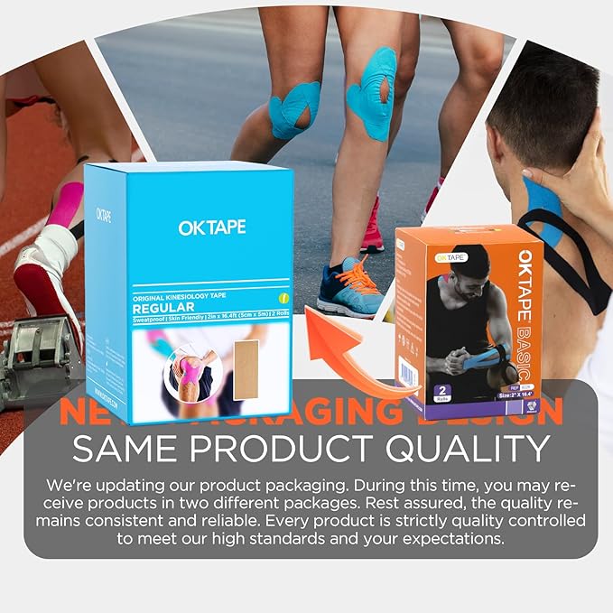 OK TAPE Regular Original Cotton Kinesiology Tape (2 Pack), Elastic Water Resistant Therapeutic Athletic Tape, Latex Free, Injury Recovery, Uncut K Tape 2in×16.4ft - Light Blue
