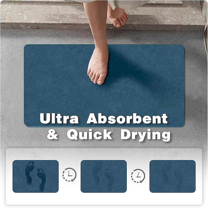 Bathroom Mat Quick Dry, Bathroom Rugs Non Slip Washable Thin Absorbent Bath Mat Fits Under Door Bathroom Floor Mat Perfect for Bath, Shower, or Sink 24"x36" Denim Blue
