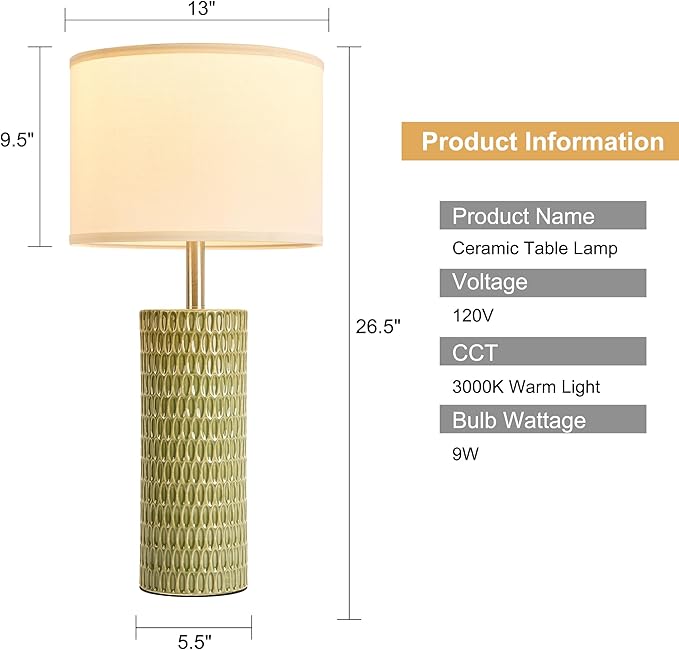 26.5" Ceramic Table Lamp, Table Lamp for Living Room, Green Lamp for Bedroom, Night Stand Lamps, Modern Bedside Lamp Set of 2, End Table Lamps, Green