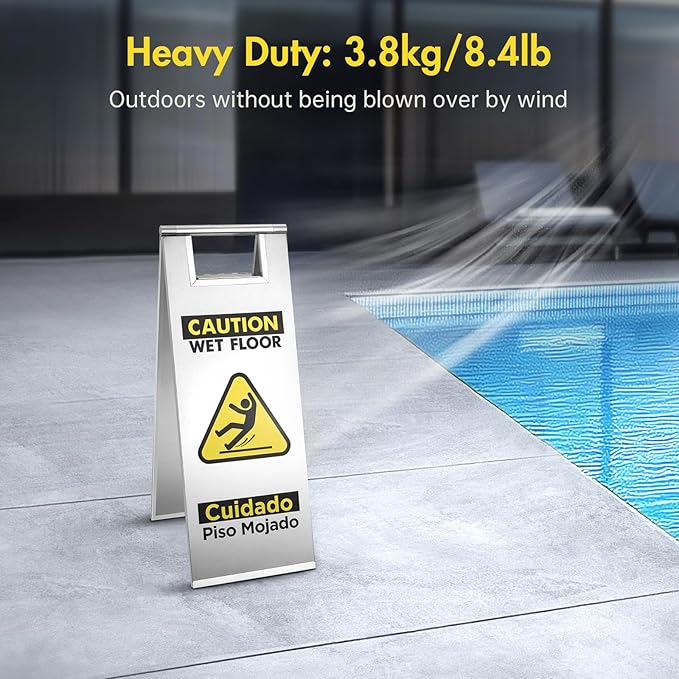 2 Packs Wet Floor Sign Stainless Steel for Business, Commercial Caution Wet Floor Sign Double Sided & Bilingual, Size 24'' * 9''，Silver