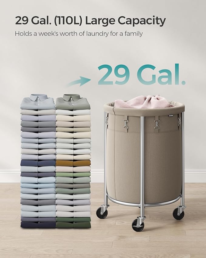 SONGMICS 29-Gallon (110 L) Laundry Basket with Wheels, Rolling Round Heavy-Duty Laundry Hamper Cart with Steel Frame and Removable Bag, 2 Locking Wheels, Camel Brown and Metallic Silver URLS002N01
