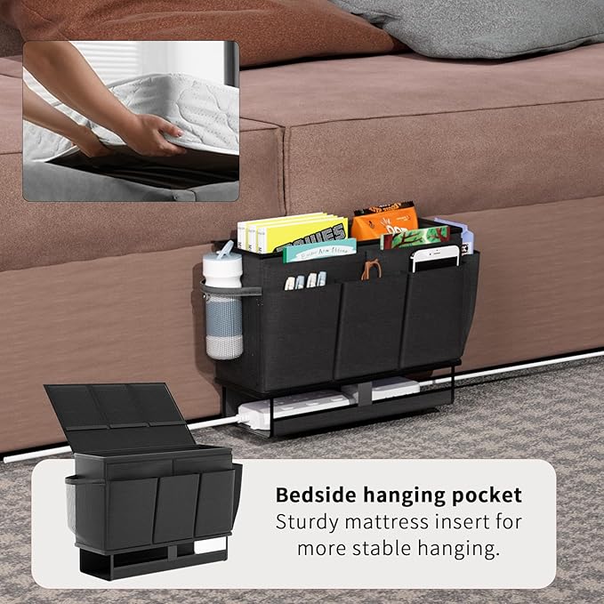 Bedside Caddy, Bed Organizer with 11 Pockets and Power Strip Holder,Versatile Bedside Storage Caddy for Home,Dorm,Bunk,Hospital,Crib Bed (2 Pack Black)