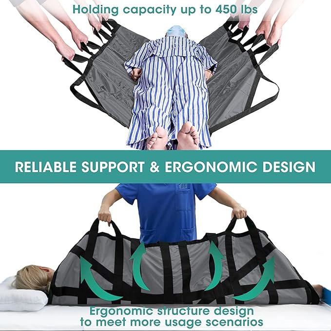 60" x 40" Positioning Bed Pad with Handles Washable Draw Sheets for Hospital Bed Ridden Patient Clothes Waterproof Glide Sheets for Patients Moving Pad for Lifting &Transfer Sheet Nylon, Grey