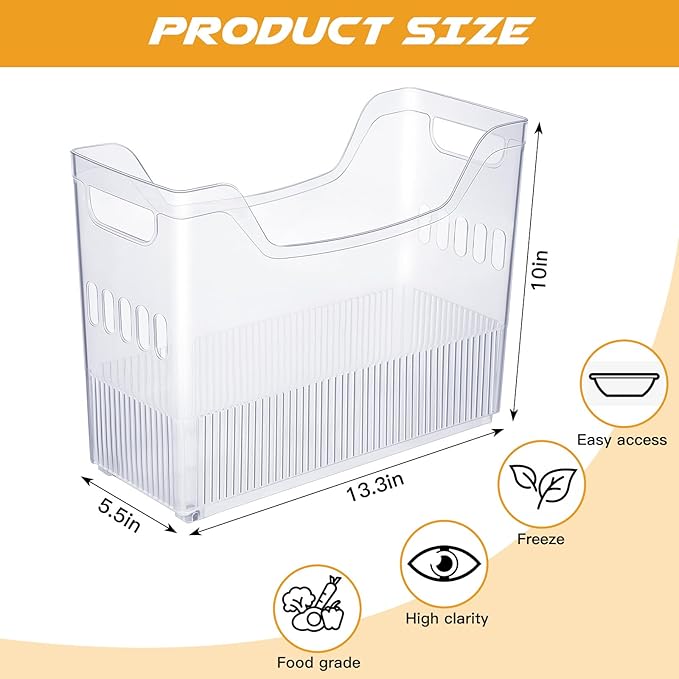 4 Pcs Plastic Freezer Organizer Bins with Wheel Tall Narrow Kitchen Pantry Organizer Snack Storage Containers for Office Refrigerator(10 x 13.3 x 5.5 Inch)
