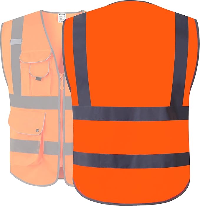 JKSafety 9 Pockets Class 2 High Visibility Zipper Front Safety Vest With Reflective Strips, Meets ANSI/ISEA Standards (150-Orange, 5XL)
