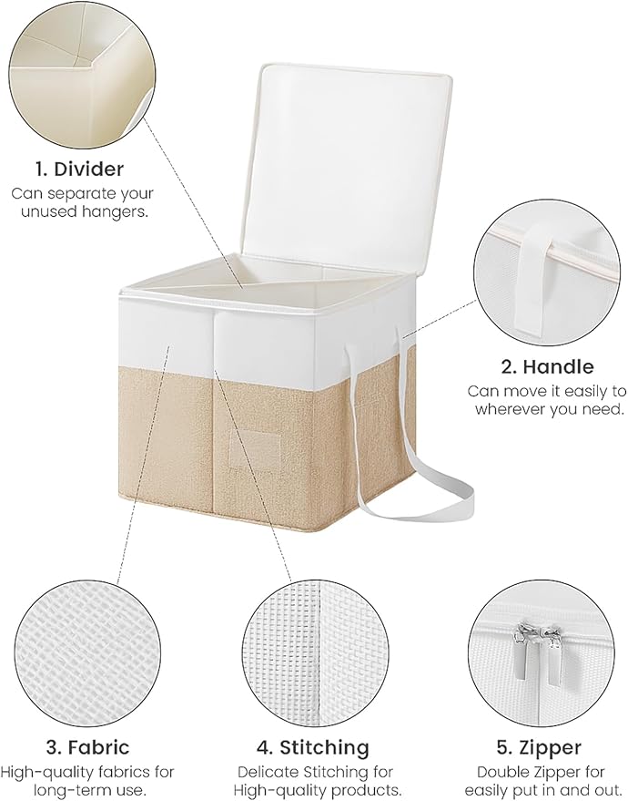2-Pack Rigid Clothes Hanger Organizer Bag with Dust-Proof Lid, Hanger Storage Holder with Support Boards, Large Capacity Clothes Storage Containers with Handle for Laundry-Beige/Linen