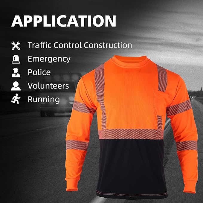 FONIRRA Safety Shirts for Men High Visibility Reflective ANSI Class 2 Hi Vis Construction Work T Shirts Long Sleeve
