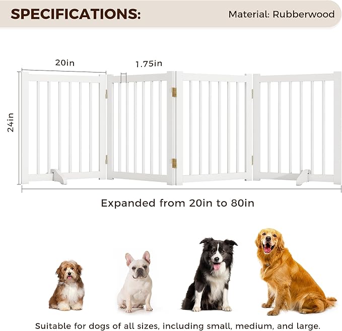 Solid Wood Freestanding Pet Gate - 4 Panels 24" - Folding Safety Fence with 2 Support Feet - Ideal for Stairs, Doorways, Halls, Kitchens - Indoor Wooden Dog Gate - White Color