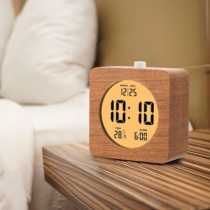 Plumeet Wooden Digital Alarm Clock for Bedrooms, Wood 4'' Battery Powered Alarm Clock with Snooze and Nightlight, Electronic LCD Desk Clock Display Time, Date, Temp, 12/24H, Wood Décor, Square, Sapele