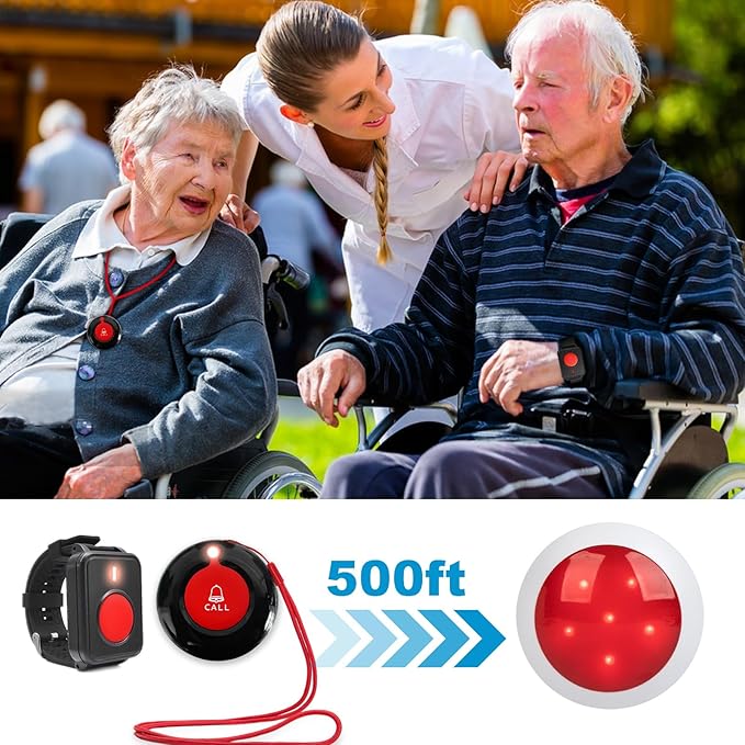 Wireless Call Strobe Light System for Elderly Wrist SOS to Caregiver Pager Life Alert Systems for Seniors Patients at Home Hospitals Nurse with 1 Call Light Waterproof Watch and Lanyard Panic Button