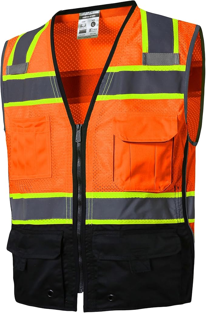 SKSAFETY 10 Pockets Professional level Safety Vest, Class 2 High Visibility Security Vest with Zipper, Hi Vis Vest with Reflective Strips, ANSI/ISEA Standard, Construction Work Vest（Orange Black, 4XL）