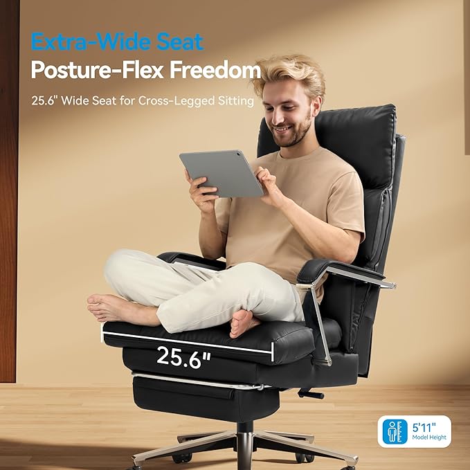 Reclining Office Chair with Footrest - 25.6" Wide Seat & Adjustable Seat Depth, Big and Tall High Back Leather Executive Home Office Desk Chair 400lbs, Black