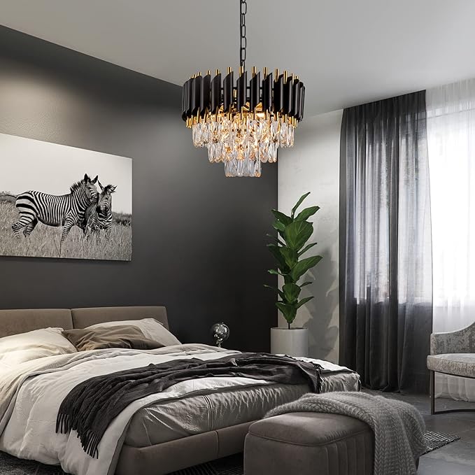 3-Tier Black Gold Crystal Chandelier 5-Light 15’’ Modern Crystal Pendant Chandelier Ceiling Light Fixture Hanging Lighting for Kitchen Island Dining Room Foyer Entryway Bedroom