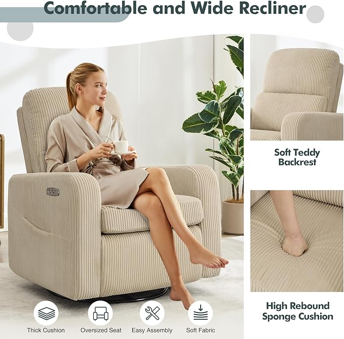 Swivel Rocker Recliner, Oversized Power Recliner Nursery Glider with Removable Cushion, Upholstered Swivel Reclining Chairs for Nursery Living Room Bedroom, Corduroy Camel