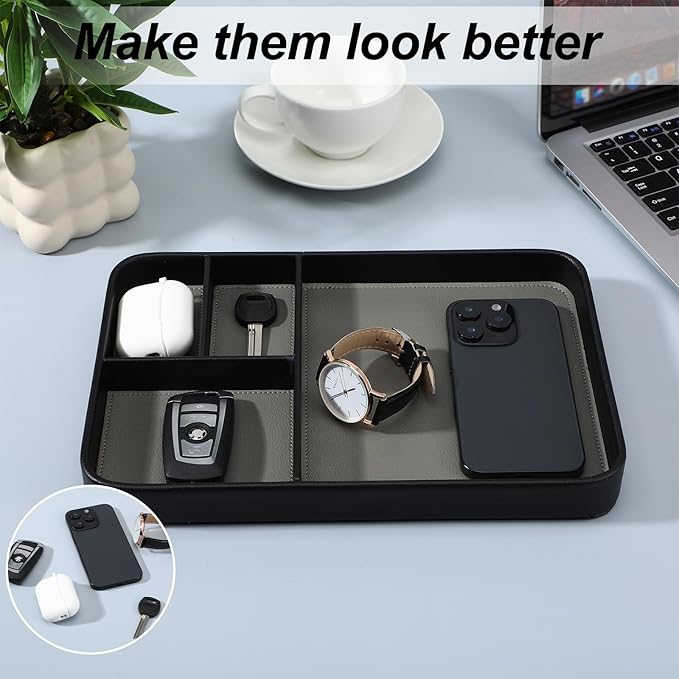 Leather Tray, Stylish and Organized Multifunctional Tray, for Table Entryway, Premium PU Leather, Catchall Trays for Keys, Watch, Wallet, Jewelry, and More (Black Frame)