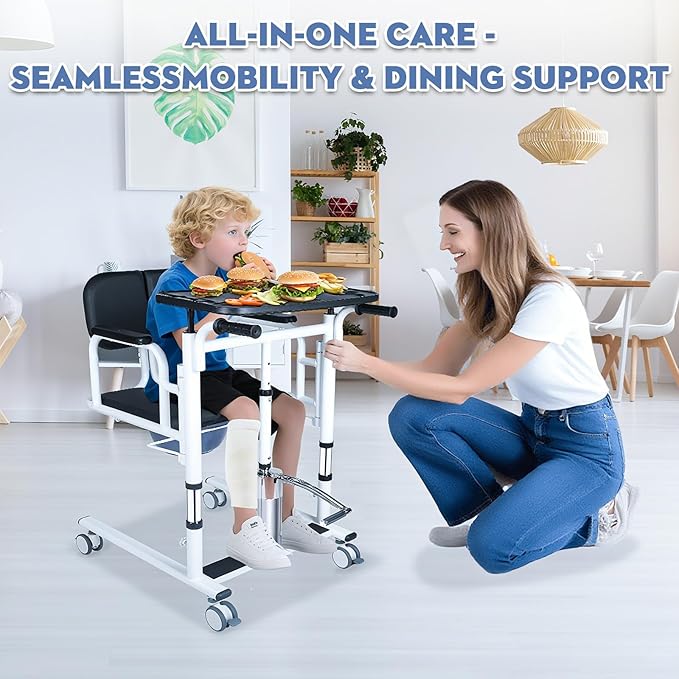 Drexo Patient Lift Transfer Chair, 5 in 1 Patient Lift Chair with 180°Split Seat, Height Adjustable Patient Transfer Chair with 4 Casters for Home Seniors Elderly, Load 450Lbs (Non-Fold, Silver)