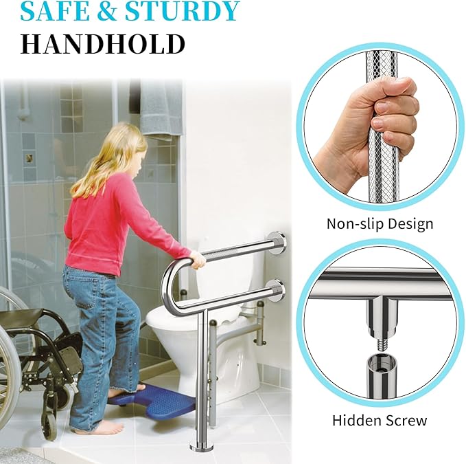 Toilet Support Rail 23.4X 28 Inch, Munzong Anti-Slip Chrome Handicap Grab Bar for Bathroom, Stainless Steel Knurled Safety handrails with Leg for Elderly Disabled Pregnant-1.25’Tube