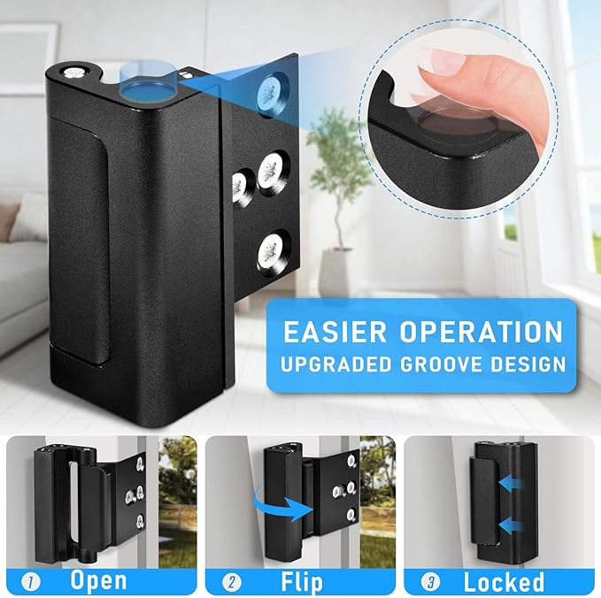 4Pack Home Security Door Reinforcement Lock, Childproof Safety Door Lock Latch Inside Stopper, Add High Security to Prevent Home Unauthorized Entry, Aluminum Construction Finish Black