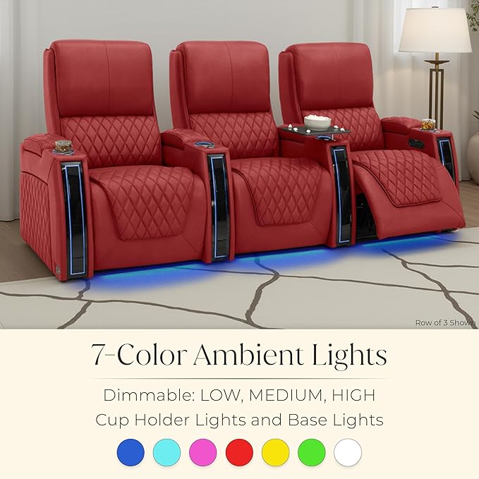 Seatcraft Apex Zero-Gravity CoolZero Italian Leather Home Theater Seating, Powered Headrest, Powered Lumbar, Powered Recline, Row of 4 Left Loveseat, Red