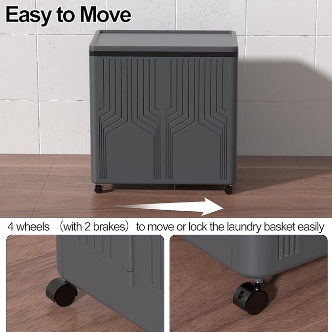 2 Section Collapsible Dirty Clothes Basket, 120 L Large Rolling Laundry Hamper with Lid, Plastic, Grey