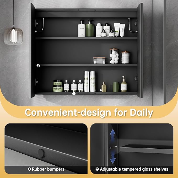 36"X30" Bathroom Medicine Cabinet with Mirror, LED Lighted Medicine Cabinet with Anti-Fog, 3 Colors Temperature Stepless Dimmable, Metal Cabinet for Storage and Mordern Decor, Black
