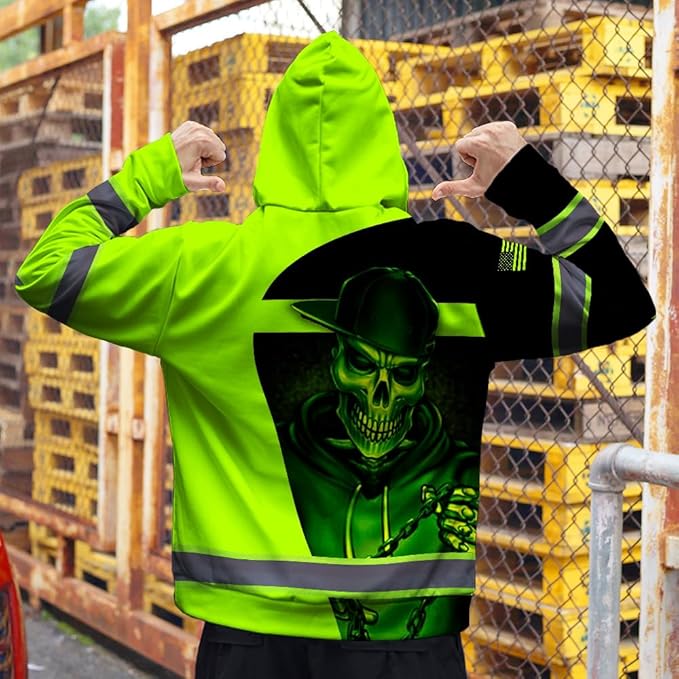Maddly Hi Vis Reflective Zip Up Hoodie, High Visibility Safety Jacket with Skull Design for runner, worker, trucker, cyclist