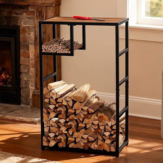 Indoor Firewood Rack - 23 x 39 Inches Durable Firewood Holder for Indoor and Outdoor Use - Elegant Fireplace Storage Solution & Stylish Home Decor