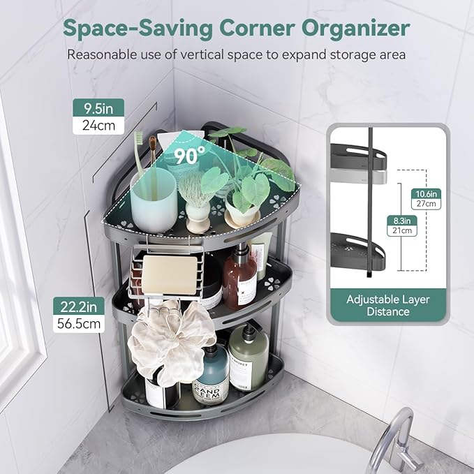 Corner Shower Caddy Standing, 3 Tier Shower Organizer Stand with Soap Holder, Rustproof Shower Shelves for Bathroom Storage, Grey