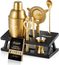 KITESSENSU Cocktail Shaker Set Bartender Kit, 6-Piece Silver Bar Set with Stand, Gold