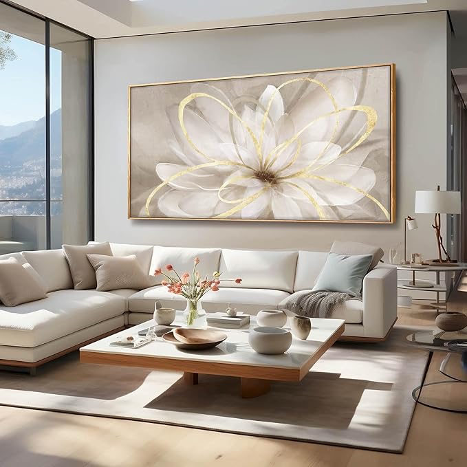 SOUGUAN Floral Wall Decorations Gold and White Canvas Wall Art Line Photo Prints 36"x70" Large Wall Painting for Living Room Office