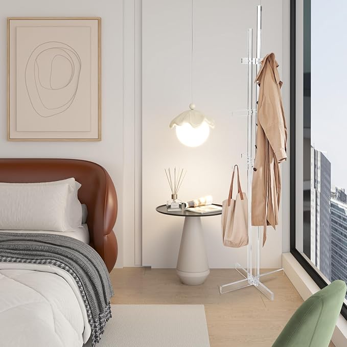 Acrylic Coat Rack with 10 Hooks Freestanding Modern Coat Hanger Stand with Anti-slip Strips Hall Tree for Clothes Handbags Hats Scarves in Entryway Office Bedroom Hallway