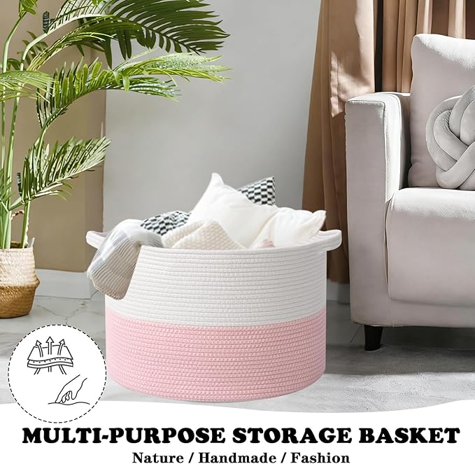 Large Storage Basket with Handle,23.6" x 23.6" x 15.7" Blanket Basket Storage Bins for Organizing,65L Cotton Rope Woven Baskets for Living Room, Nursery ,Bedroom,White&Pink