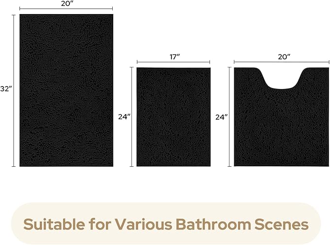 HOMEIDEAS 3 Pieces Bathroom Rugs, Ultra Soft Non Slip Absorbent Chenille Toilet Bath Mat Set (Black)
