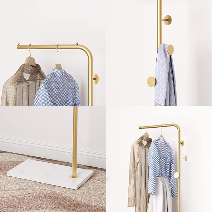 Metal Gold Coat Racks, Standing Coat Rack with Heavy Base, Modern Coat Tree with Crossbar and 3 Hooks, Entryway Coat Racks for Handbags, Clothing.(67inch)