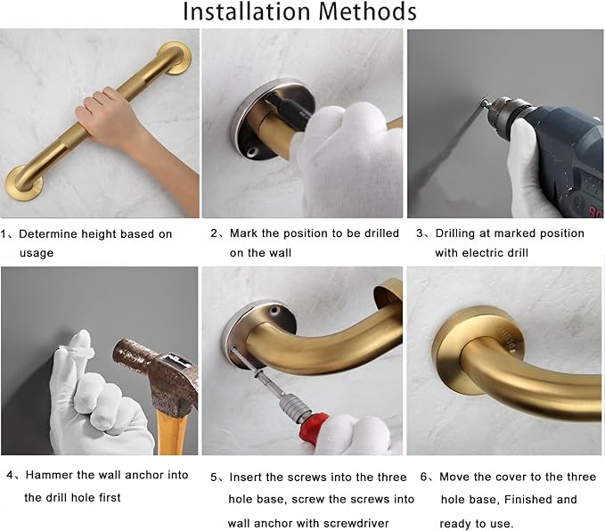 Shower Grab Bar, 2 Pack 12 Inch Gold Bathroom Grab Bar, 1.25" Diameter 304 Stainless Steel Anti-Slip Grab Bars for Bathtubs and Showers, Handicap Shower Grab Bar for Seniors Elderly