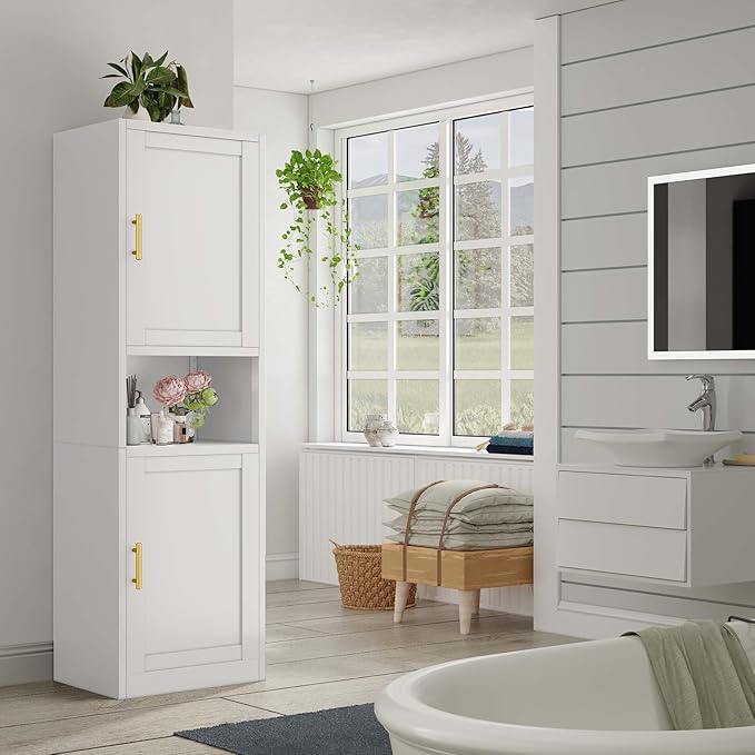 67" Tall Narrow Storage Cabinet Metal Bathroom Cabinet with 2 Doors & 4 Adjustable Shelves, Standing Pantry Cabinets Cupboard for Kitchen, Dining Room, Living Room and Bathroom (White)