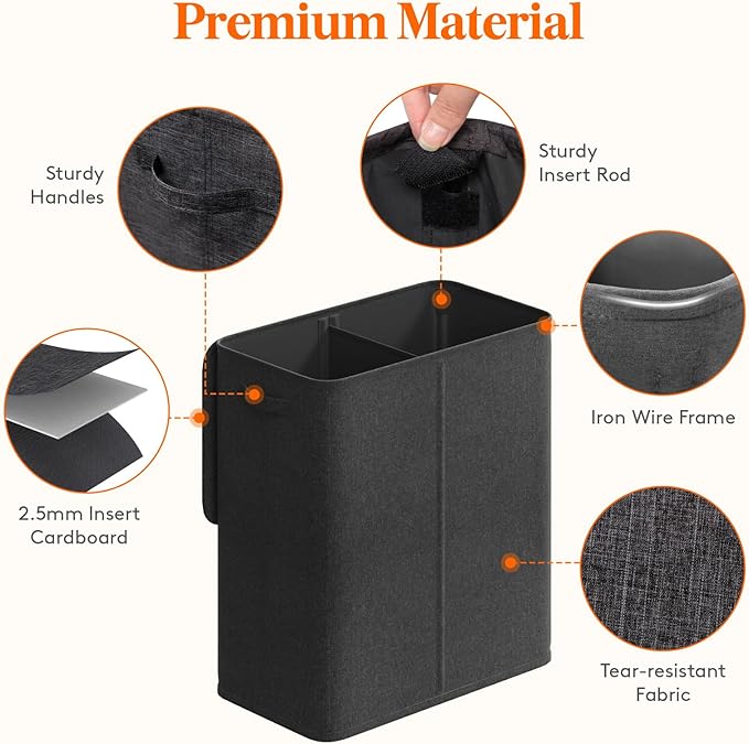 Lifewit Double Laundry Hamper with Lid and Removable Laundry Bags, Large Collapsible 2 Dividers Dirty Clothes Basket with Handles for Bedroom, Laundry Room, Closet, Bathroom, College, 145L Dark Gray