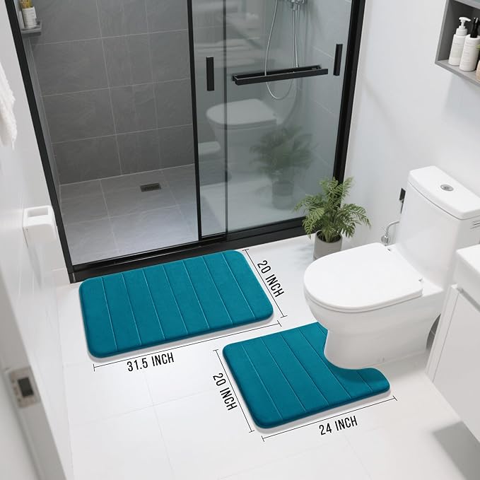 Yimobra Memory Foam Bath Mat Set 2 Piece - Super Soft Absorbent Quick Dry Bathroom Toilet Rugs, Machine Washable Non Slip Floor Carpet for Tub Shower & Single Sink (31.5x20 & 24x20, Peacock Blue)