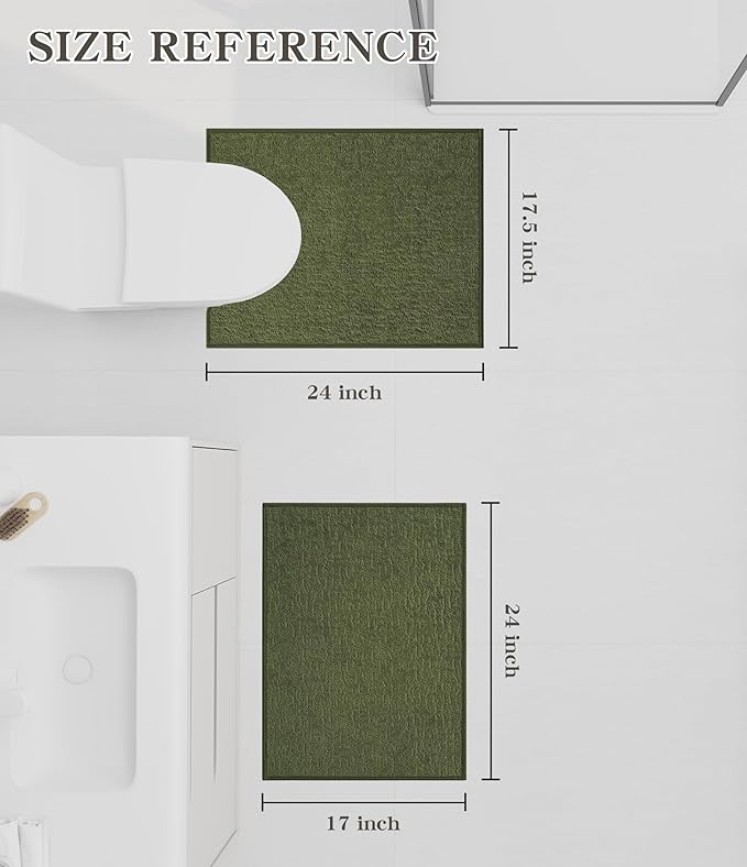 chakme 2 Piece Bathroom Rug Set, Ultra Thin Bath Mat, Absorbent, Non Slip, Machine Washable, Dark Green, 17" x 24", 30", 60"