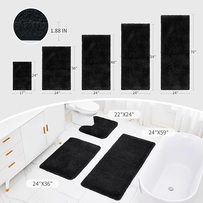 Black Bathroom Rug 24x36 Non Slip Fluffy Bath Mat for Bathroom Floor Washable Plush Luxury Bath Rug for Tub Soft Shaggy Shower Sink Mat