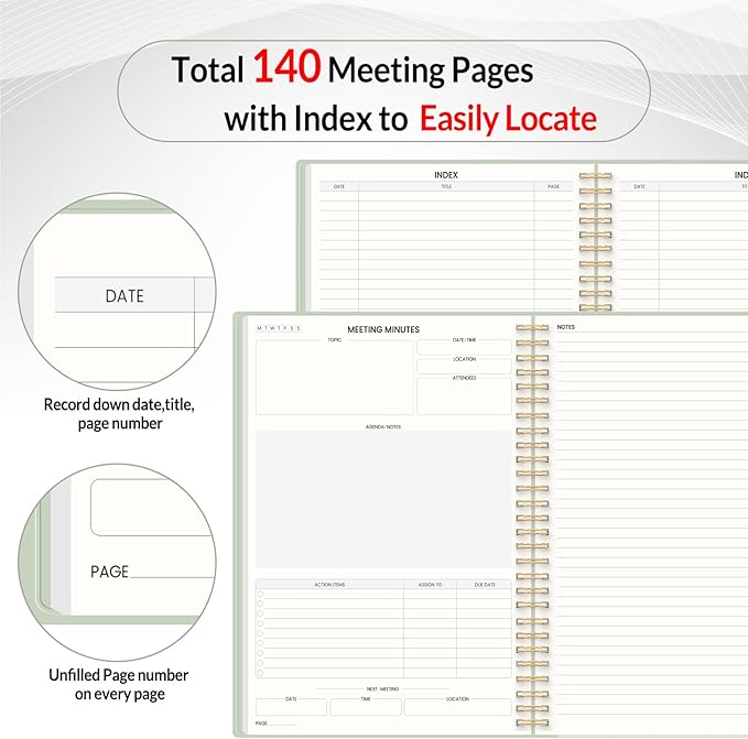 SUNEE Half Meeting Half Note 7"x10" Notebook for Work – 140 Pages, B5 Size Project Planner for Women&Men, Minutes Organizer for Meeting Notes, Ideas for Office/Business, PVC Waterproof Cover, Green