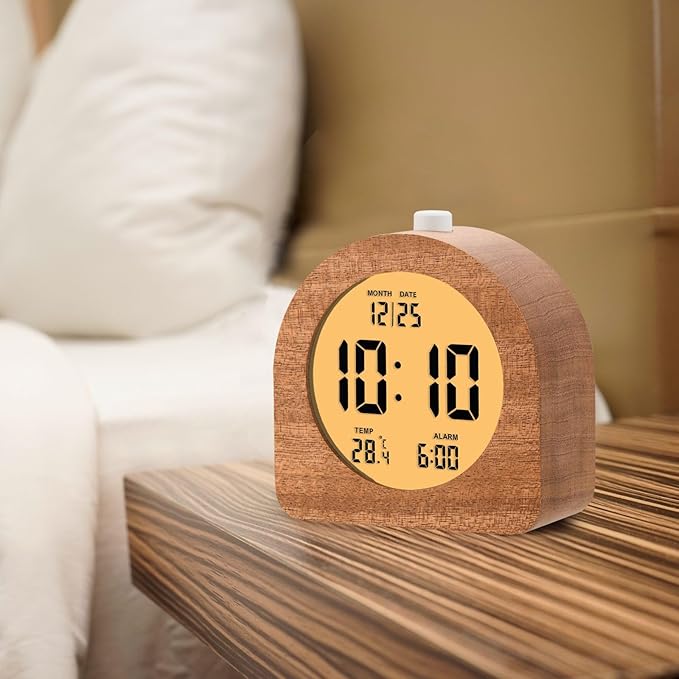 Plumeet Wooden Digital Alarm Clock for Bedrooms, Wood 4'' Battery Powered Alarm Clock with Snooze and Nightlight, Electronic LCD Desk Clock Display Time, Date, Temp, 12/24H, Wood Décor, Round, Sapele