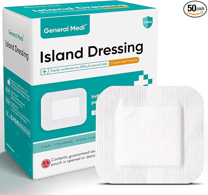 General Medi Sterile Island Dressing Bordered Gauze – 50 Count, 4" x 4" Gauze Pads, Wound Care Pad with Adhesive Border - Sterile, Soft & Highly Absorbent Medical Grade Dressing Pad