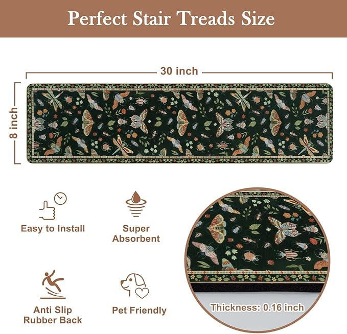 OJIA Insect Print Stair Treads Non Slip Stair Runners for Wooden Steps Indoor, 15PCS 8"x30" Rubber Backing Carpet Treads for Wood Stairs Staircase Step Treads for Kids & Dogs, Stair Covers, Black