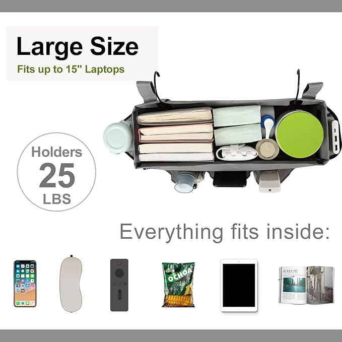 Surblue Bedside Organizer with Hook Caddy Storage Bag with Adjustable Straps and Water Bottle Holder for Home College Dorm Bunk Bed Accessories, Crib, Hospital, Grey