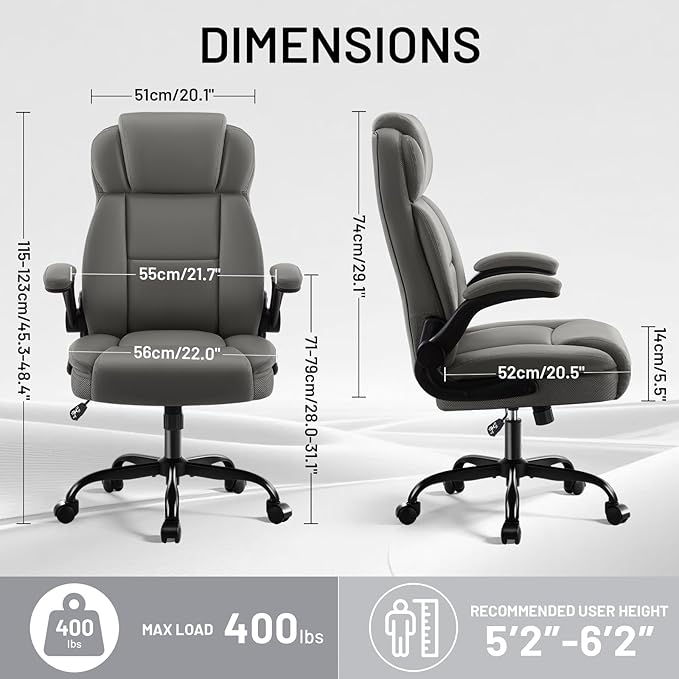 Ergonomic Office Chair with High Back Headrest, PU Leather Executive Desk Chair - Padded Flip-Up Armrests, Lumbar Support, Swivel Computer Chair for Home Office & Gaming, Gray